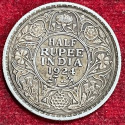 BRITISH INDIA 1/2 RUPEES -GEORGE V 1924 RARE SILVER COIN #V-314