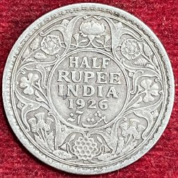BRITISH INDIA 1/2 RUPEES -GEORGE V 1926 RARE SILVER COIN #V-319