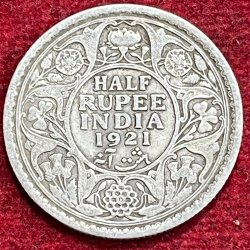 BRITISH INDIA 1/2 RUPEES -GEORGE V 1921 RARE SILVER COIN #V-320