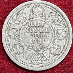 BRITISH INDIA 1/2 RUPEES -GEORGE V 1921 RARE SILVER COIN #V-321