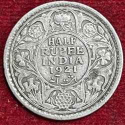BRITISH INDIA 1/2 RUPEES -GEORGE V 1921 RARE SILVER COIN #V-322