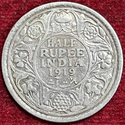 BRITISH INDIA 1/2 RUPEES -GEORGE V 1919 RARE SILVER COIN #V-323
