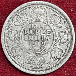 BRITISH INDIA 1/2 RUPEES -GEORGE V 1919 RARE SILVER COIN #V-324