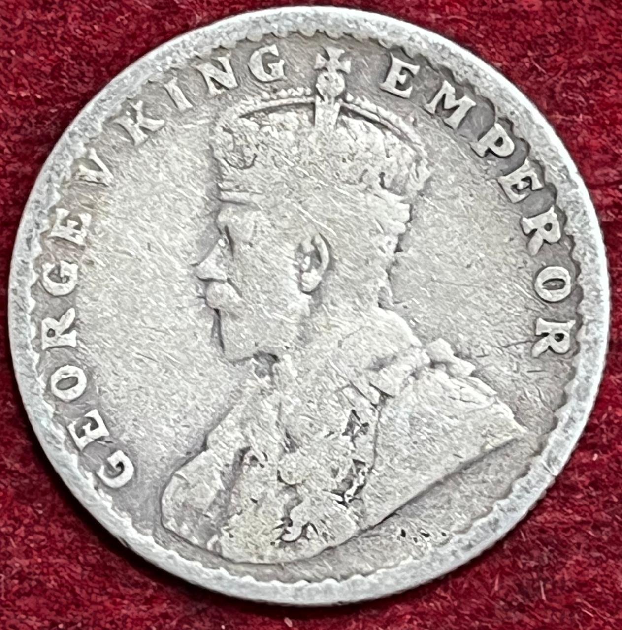 BRITISH INDIA 1/2 RUPEES -GEORGE V 1918 RARE SILVER COIN #V-325