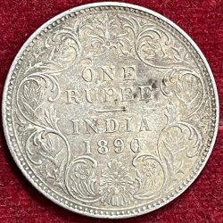BRITISH INDIA VICTORIA ONE RUPEES 1890 RARE SILVER COIN #V-335