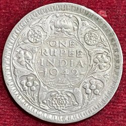 BRITSH INDIA 1 RUPEES GEORGE VI 1942 RARE SILVER COIN #V-347