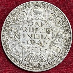BRITISH INDIA 1 RUPEES GEORGE VI 1941 RARE SILVER COIN #V-349