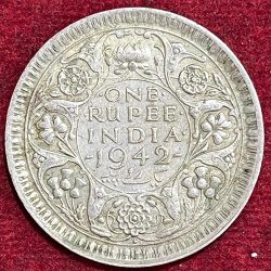 BRITISH INDIA 1 RUPEES GEORGE VI 1942 RARE SILVER COIN #V-350