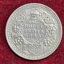 BRITISH INDIA 1/2 RUPEES GEORGE VI 1945 RARE SILVER COIN #V-351