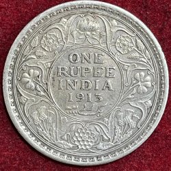 BRITISH INDIA 1 RUPEES GEORGE V 1913 RARE SILVER COIN #V-368