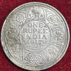BRITISH INDIA 1 RUPEES GEORGE V 1917 RARE SILVER COIN #V-370