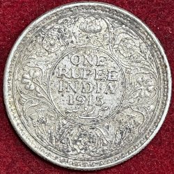BRITISH INDIA 1 RUPEES GEORGE V 1913 RARE SILVER COIN #V-371