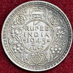 BRITISH INDIA 1/4 RUPEES 1945 large 5 GEORGE VI RARE SILVER COIN #V-352