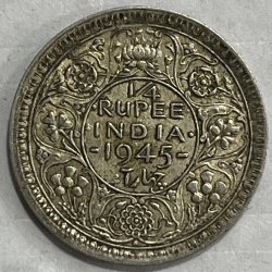 BRITISH INDIA 1/4 RUPEES 1945 large 5 GEORGE VI RARE SILVER COIN #V-354