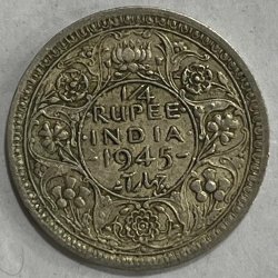 BRITISH INDIA 1/4 RUPEES 1945 GEORGE VI RARE SILVER COIN #V-355