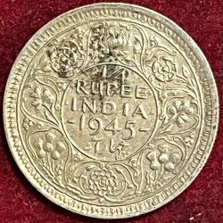 BRITISH INDIA 1/4 RUPEES 1945 large 5 GEORGE VI RARE SILVER COIN #V-356