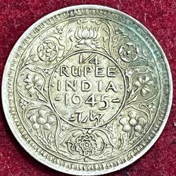 BRITISH INDIA 1/4 RUPEES 1945 GEORGE VI RARE large 5 SILVER COIN #V-357