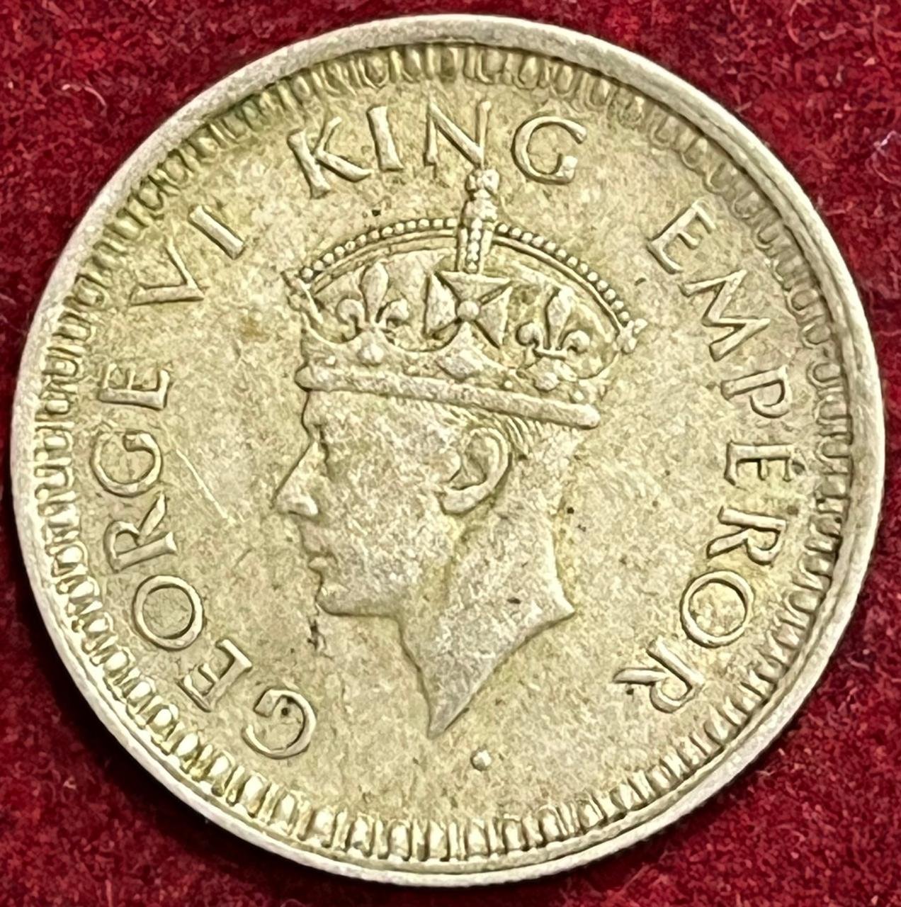 BRITISH INDIA 1/4 RUPEES 1945 GEORGE VI RARE large 5 SILVER COIN #V-357