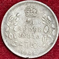BRITISH INDIA 1/4 RUPEES 1908  RARE SILVER COIN #V-365
