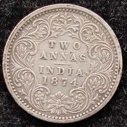 British India Two Anna -1874 Victoria Rare High Grade Coin #I-138