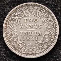 British India Two Anna -1891 Victoria Rare High Grade Coin #I-139