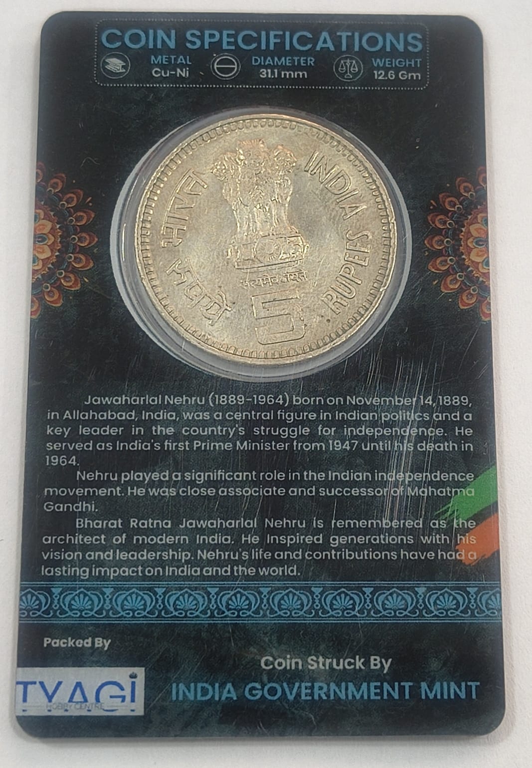 5 Rs (Jawaharlal Nehru) Commemorative Issue Rare Coin CARD Special Edition