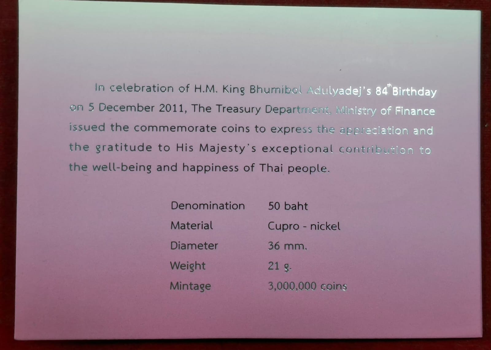 Thailand 50 Baht 2011, King's Seventh Cycle, 84th Birthday of Rama IX Rare Coin with Beautiful Folder Packaging