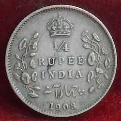 India - British ¼ Rupee 1908 - Edward VII Rare Silver Coin