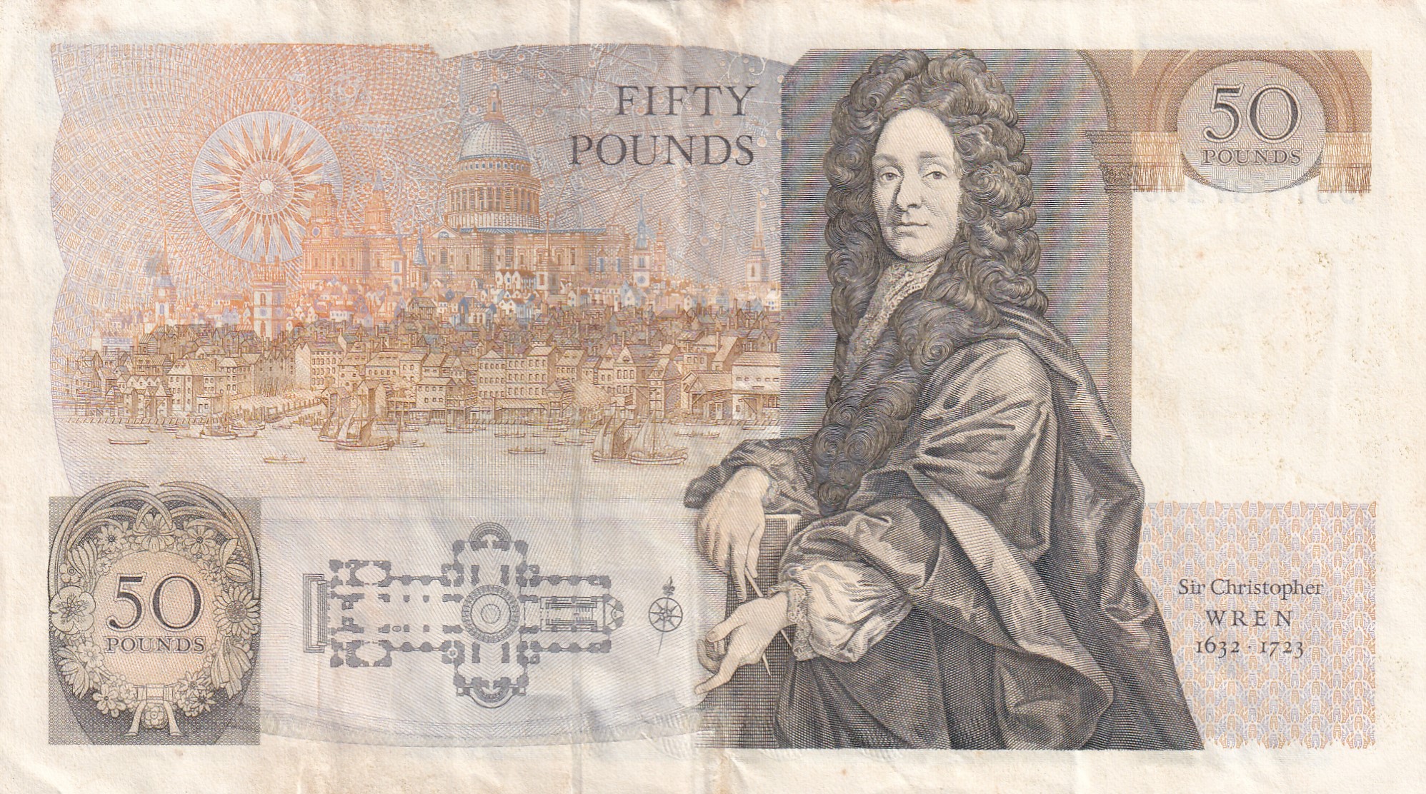 England 50 Pounds - Elizabeth II Sir Christopher Wren Rare Note