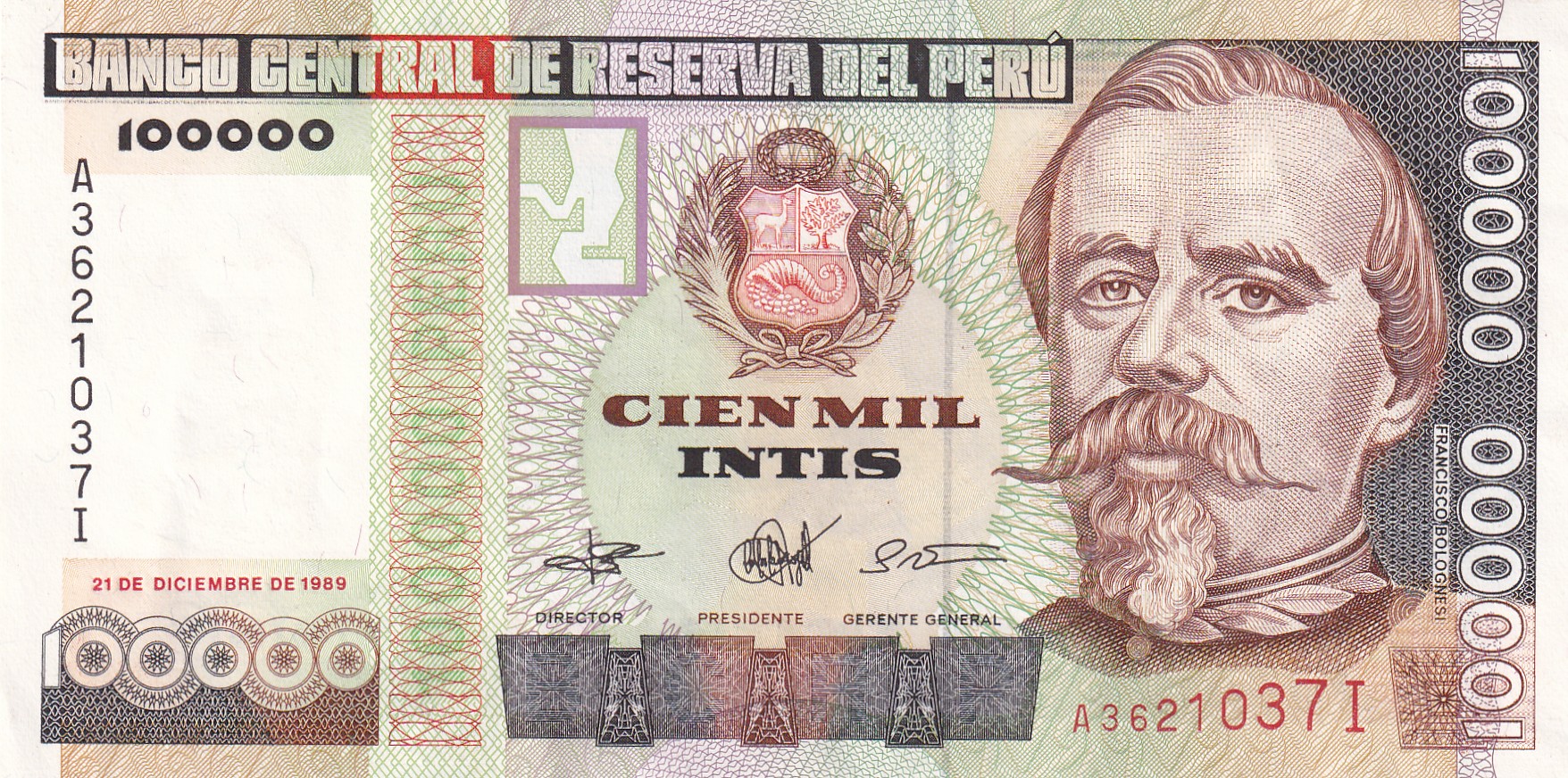Peru 100 000 Intis (segmented foil security thread) Rare UNC Note