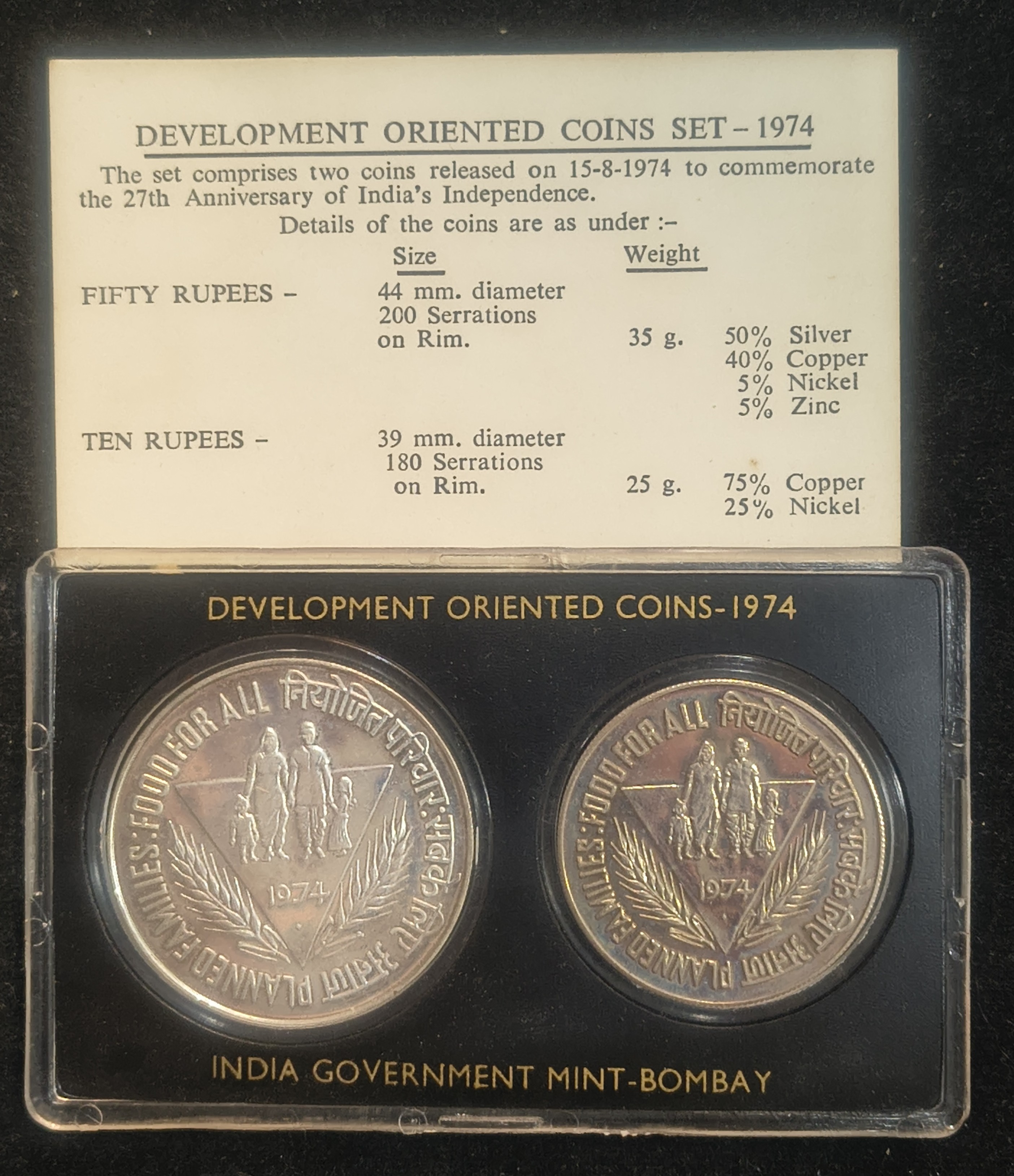 1974 Planned Families ; Food for all ( 2 Coins Set) Bombay mint Rare set