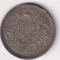 India - British 1 Rupee 1943 (Rare Date) - George VI Rare Silver Coin