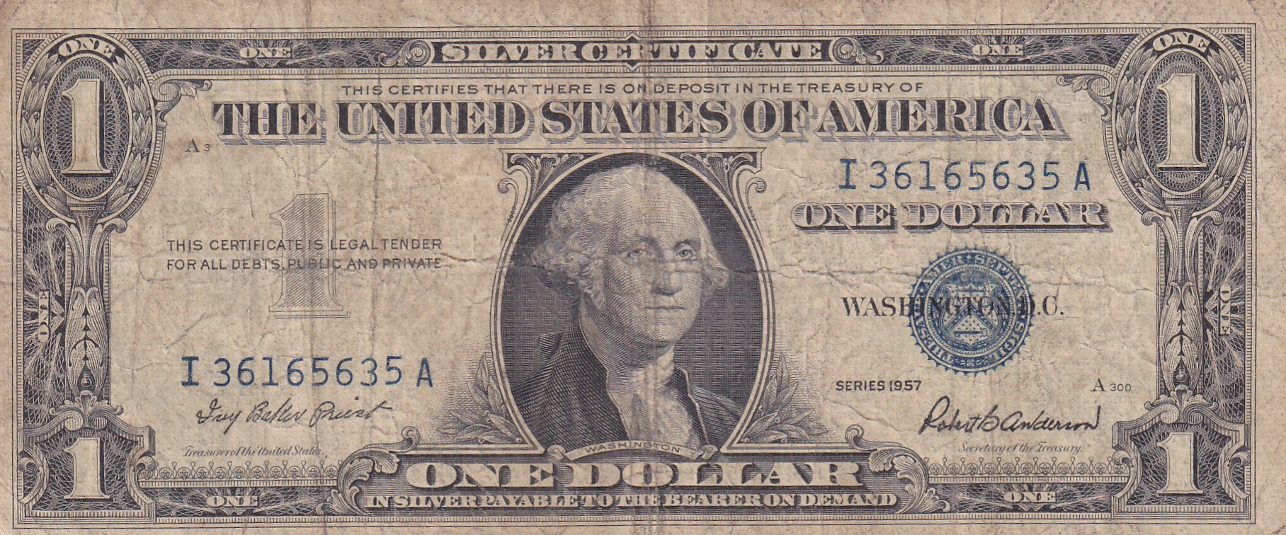 United States 1 Dollar (1957) Silver Certificate, Blue Seal Rare World Note #B2