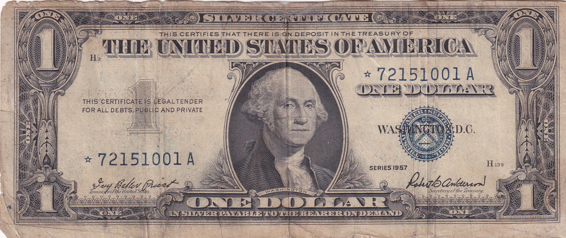 United States 1 Dollar (1957) Silver Certificate, Blue Seal Rare World Note #B2