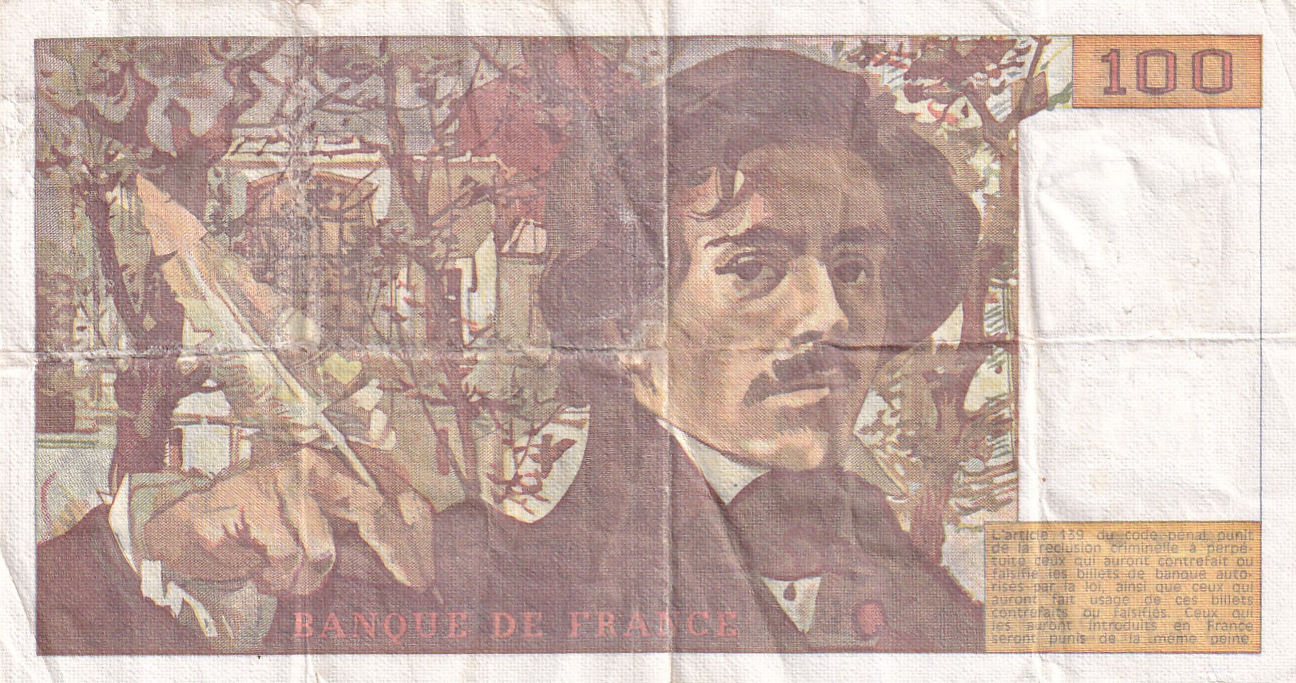 100 French Francs (Eugene Delacroix) Rare World Note#B2