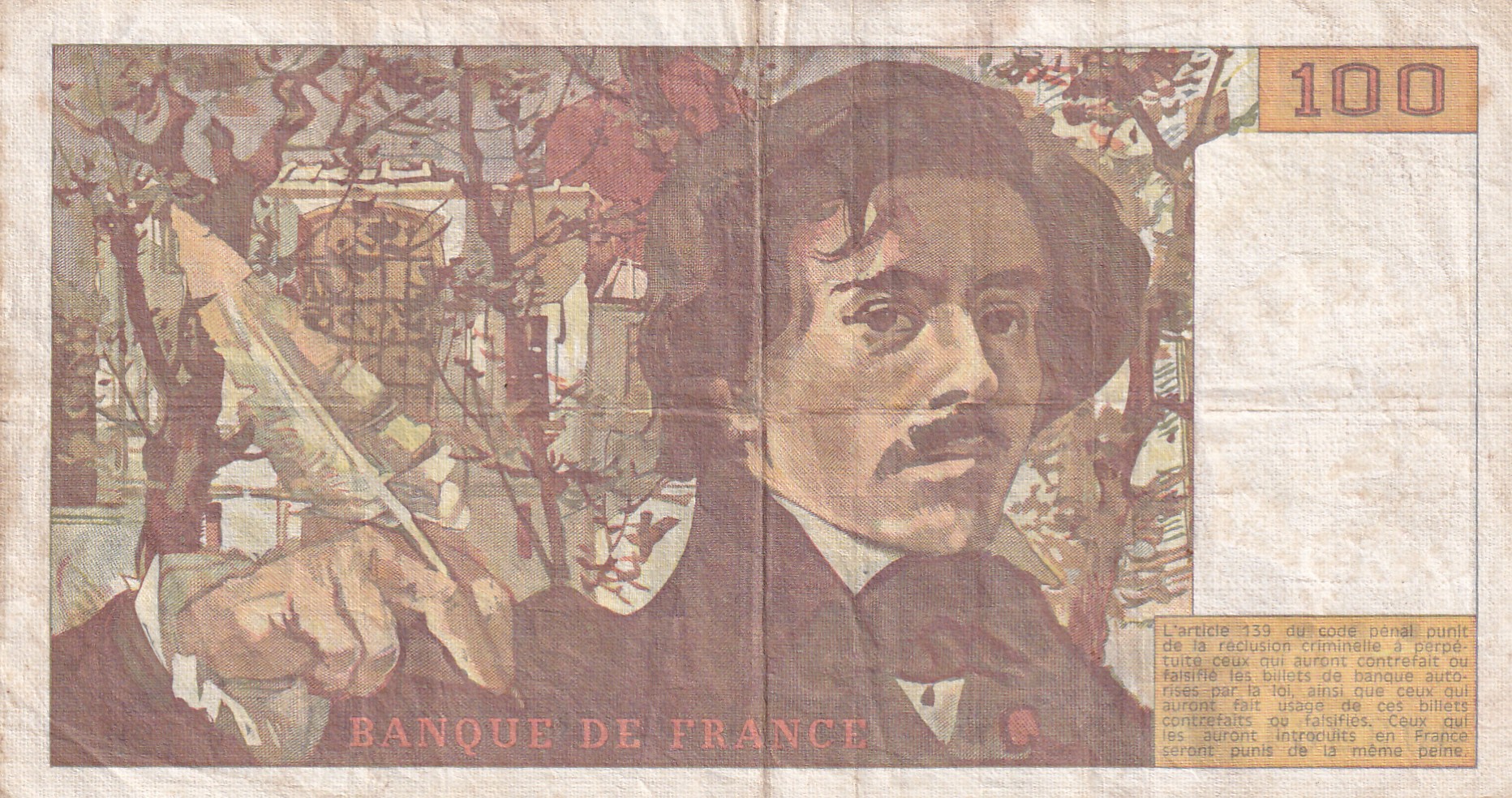100 French Francs (Eugene Delacroix) Rare World Note#B2