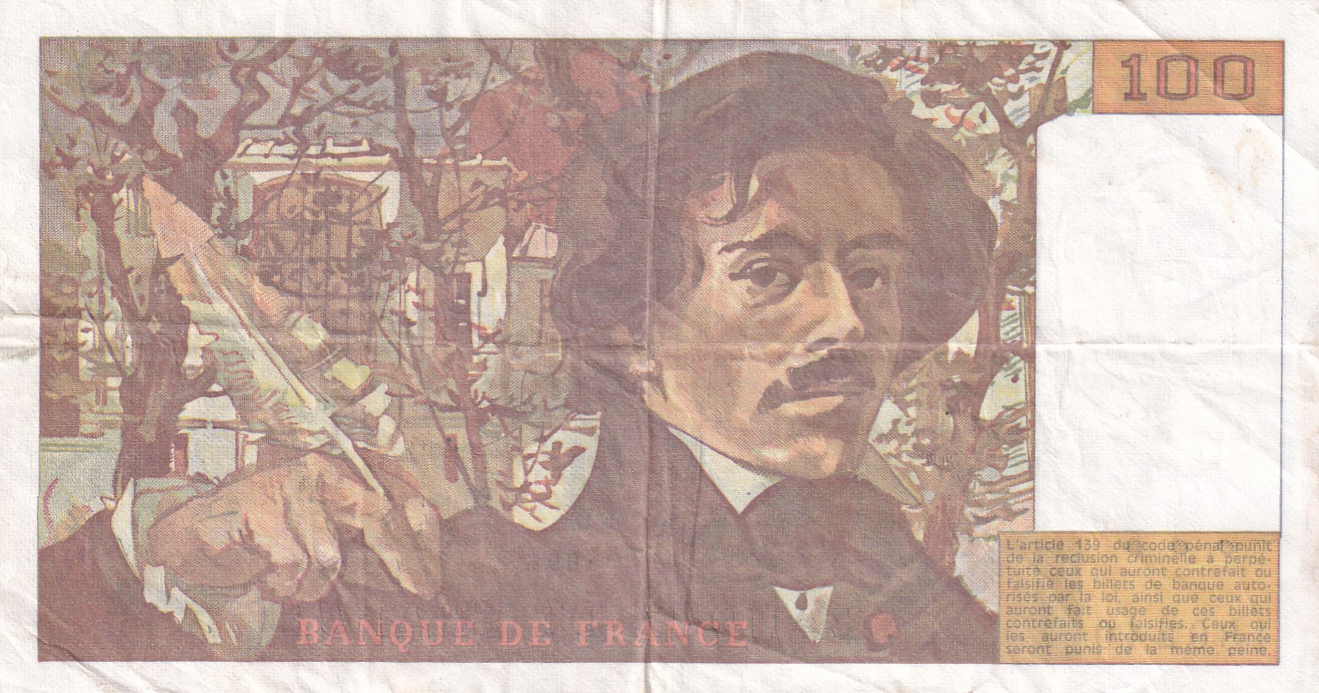 100 French Francs (Eugene Delacroix) Rare World Note#B2