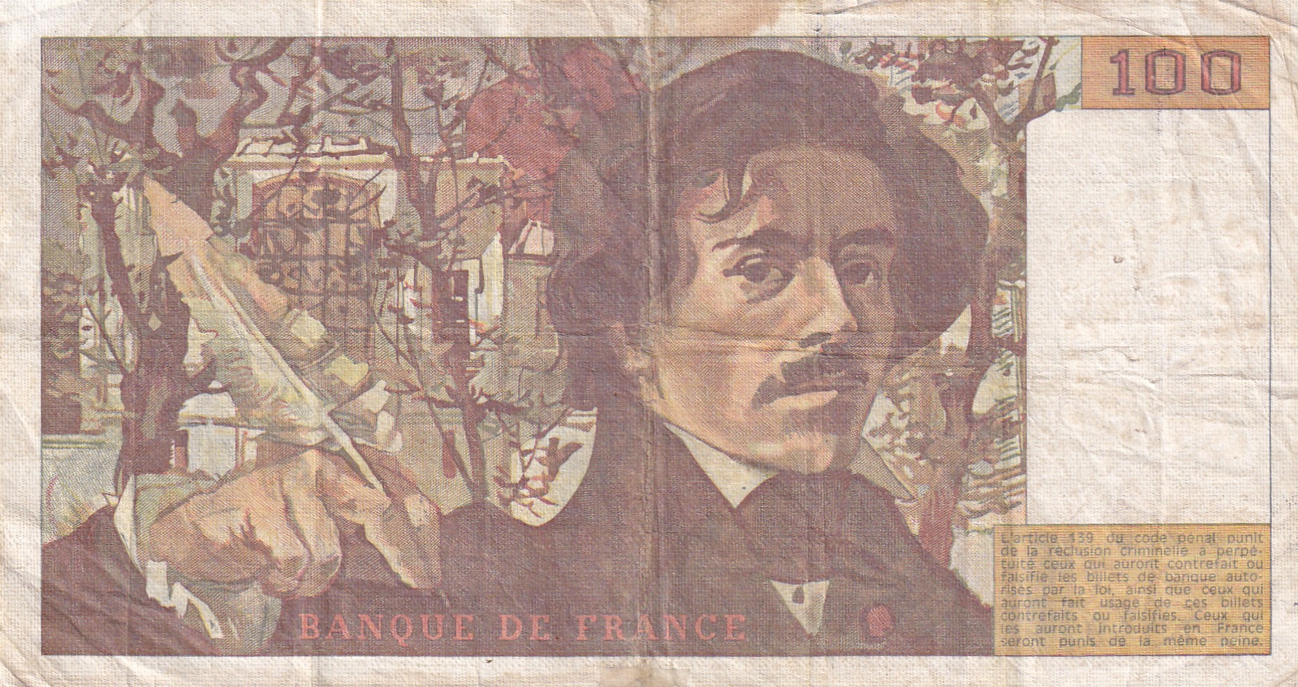 100 French Francs (Eugene Delacroix) Rare World Note#B2