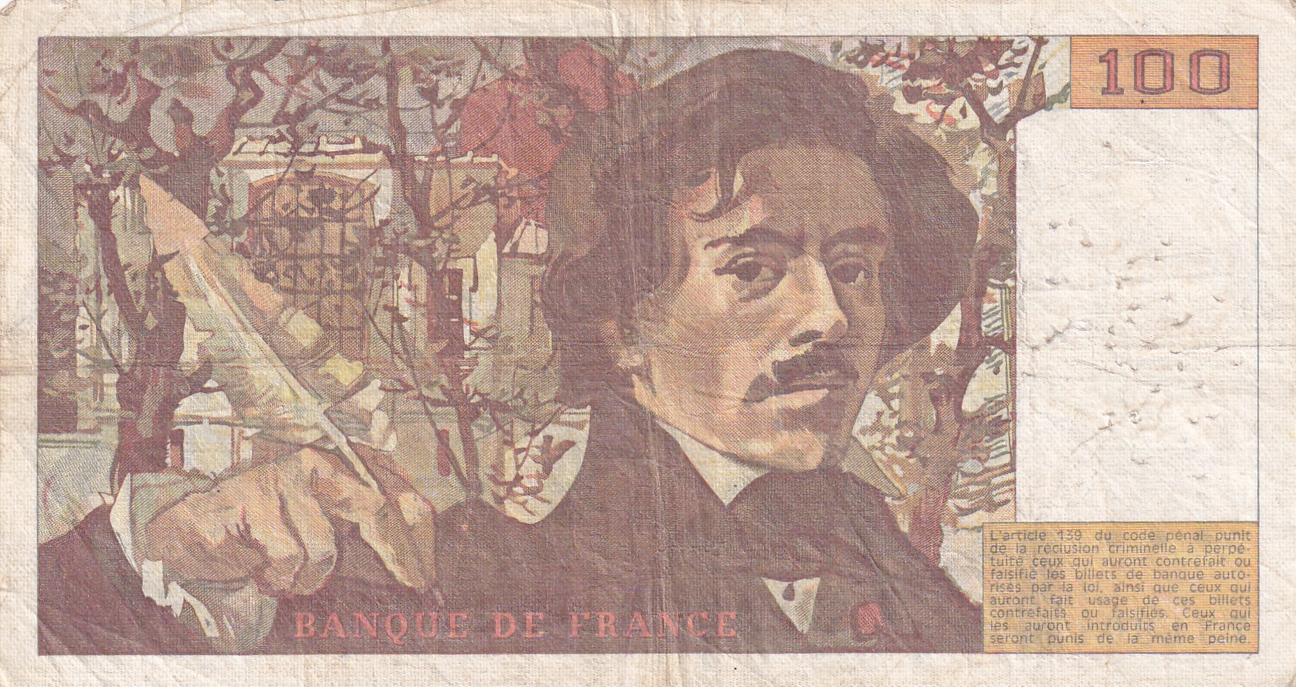 100 French Francs (Eugene Delacroix) Rare World Note#B2