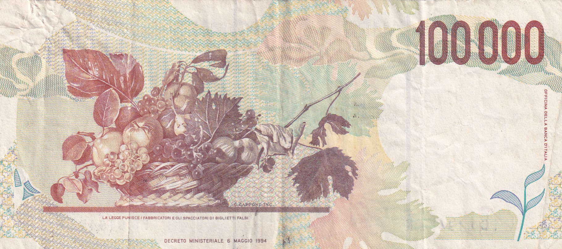 Italy 100 000 Lire Caravaggio - 2nd type Rare World Note #B2