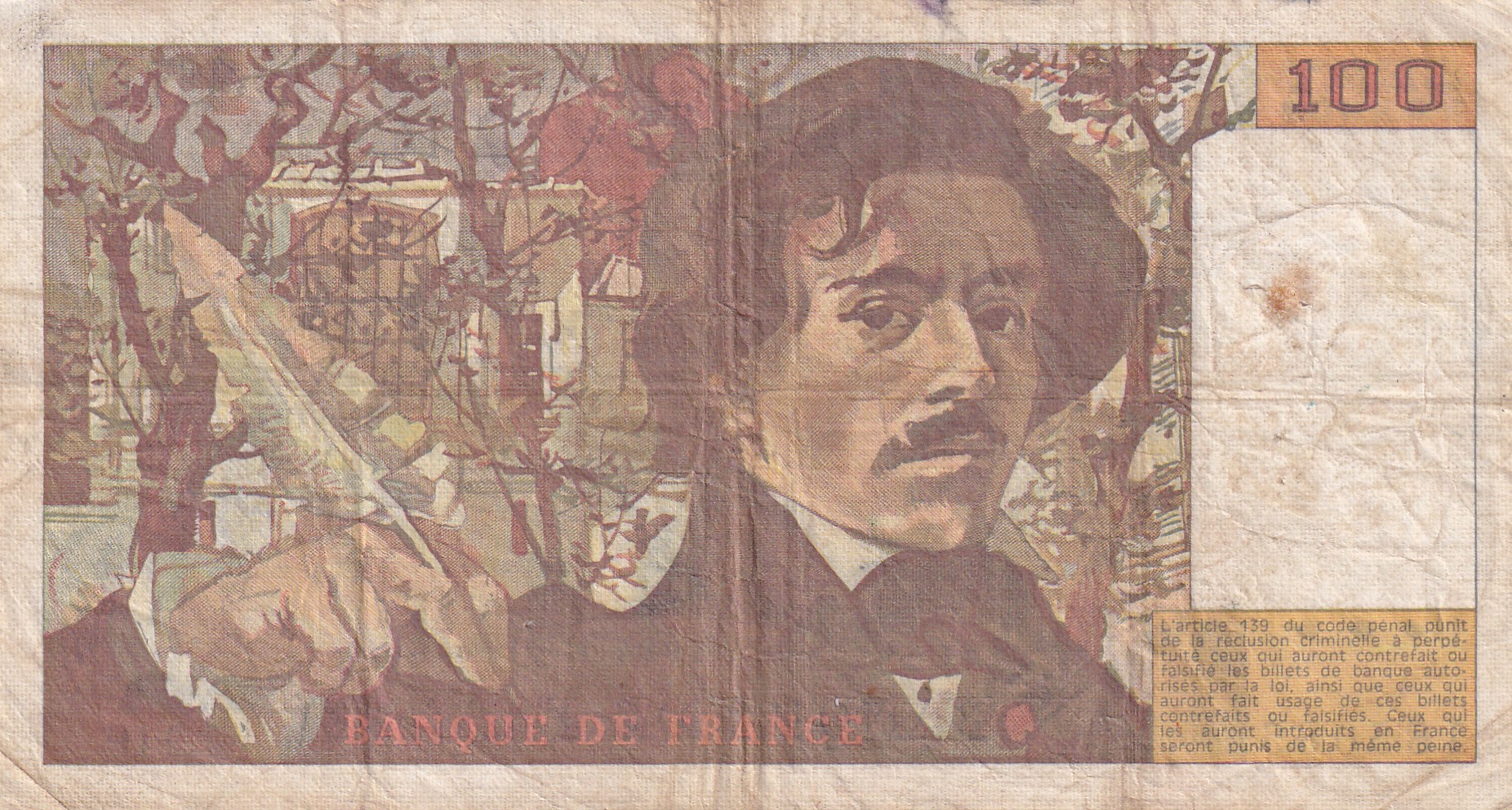 100 French Francs (Eugene Delacroix) Rare World Note#B2