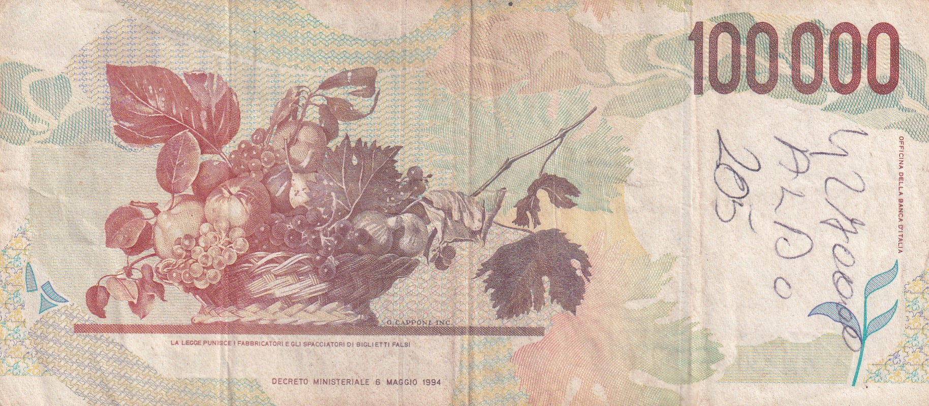 Italy 100 000 Lire Caravaggio - 2nd type Rare World Note #B2