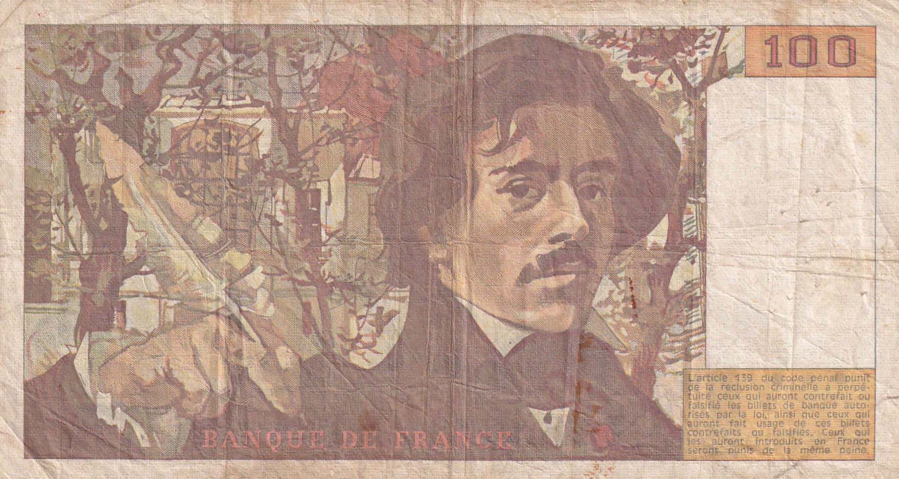 100 French Francs (Eugene Delacroix) Rare World Note#B2