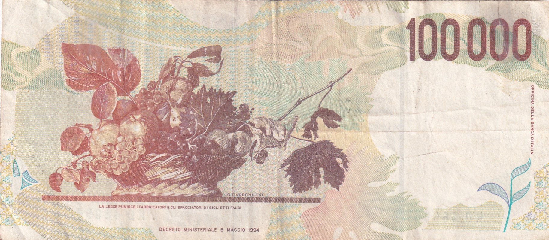 Italy 100 000 Lire Caravaggio - 2nd type Rare World Note #B2
