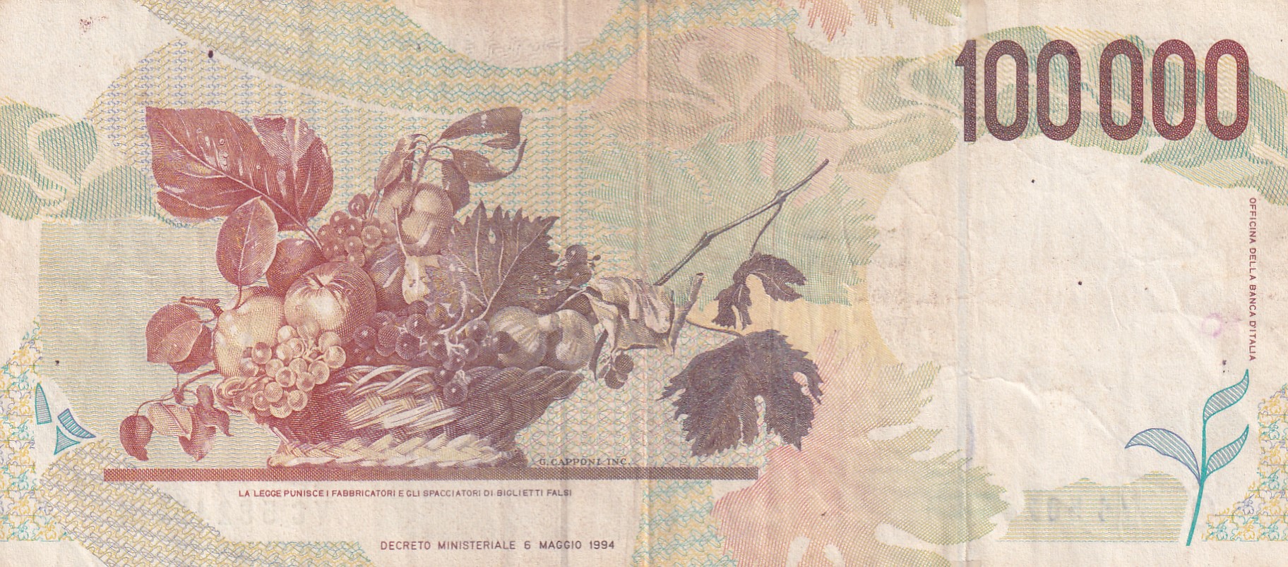 Italy 100 000 Lire Caravaggio - 2nd type Rare World Note #B2
