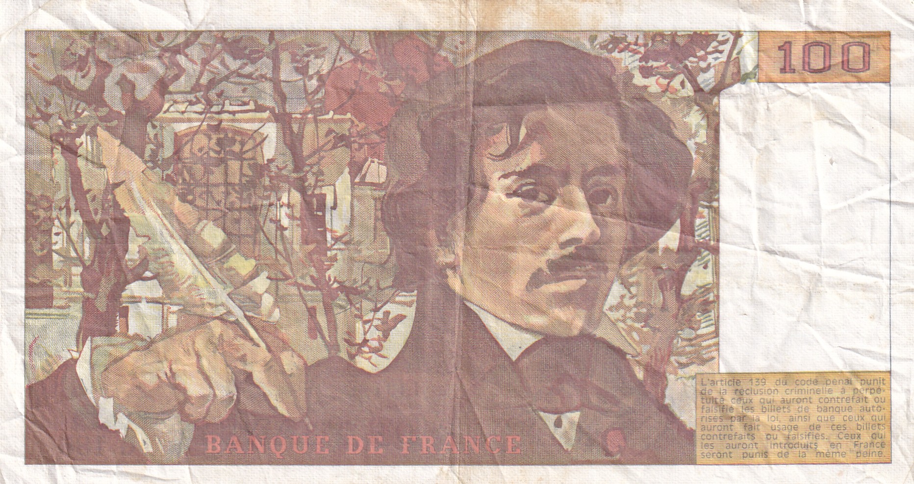 100 French Francs (Eugene Delacroix) Rare World Note#B2