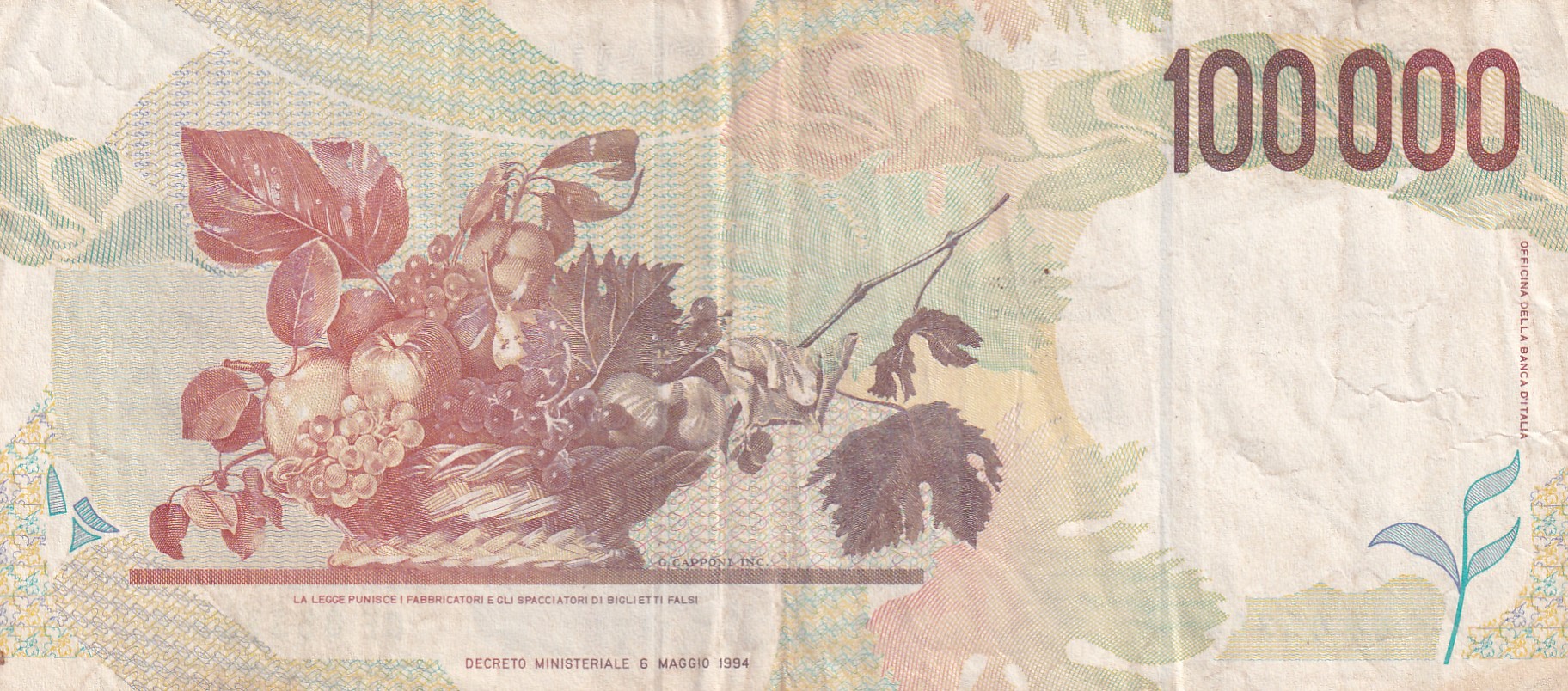 Italy 100 000 Lire Caravaggio - 2nd type Rare World Note #B2