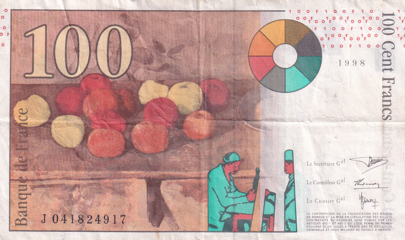 France 100 Francs Paul Cézanne Rare World Note #B2