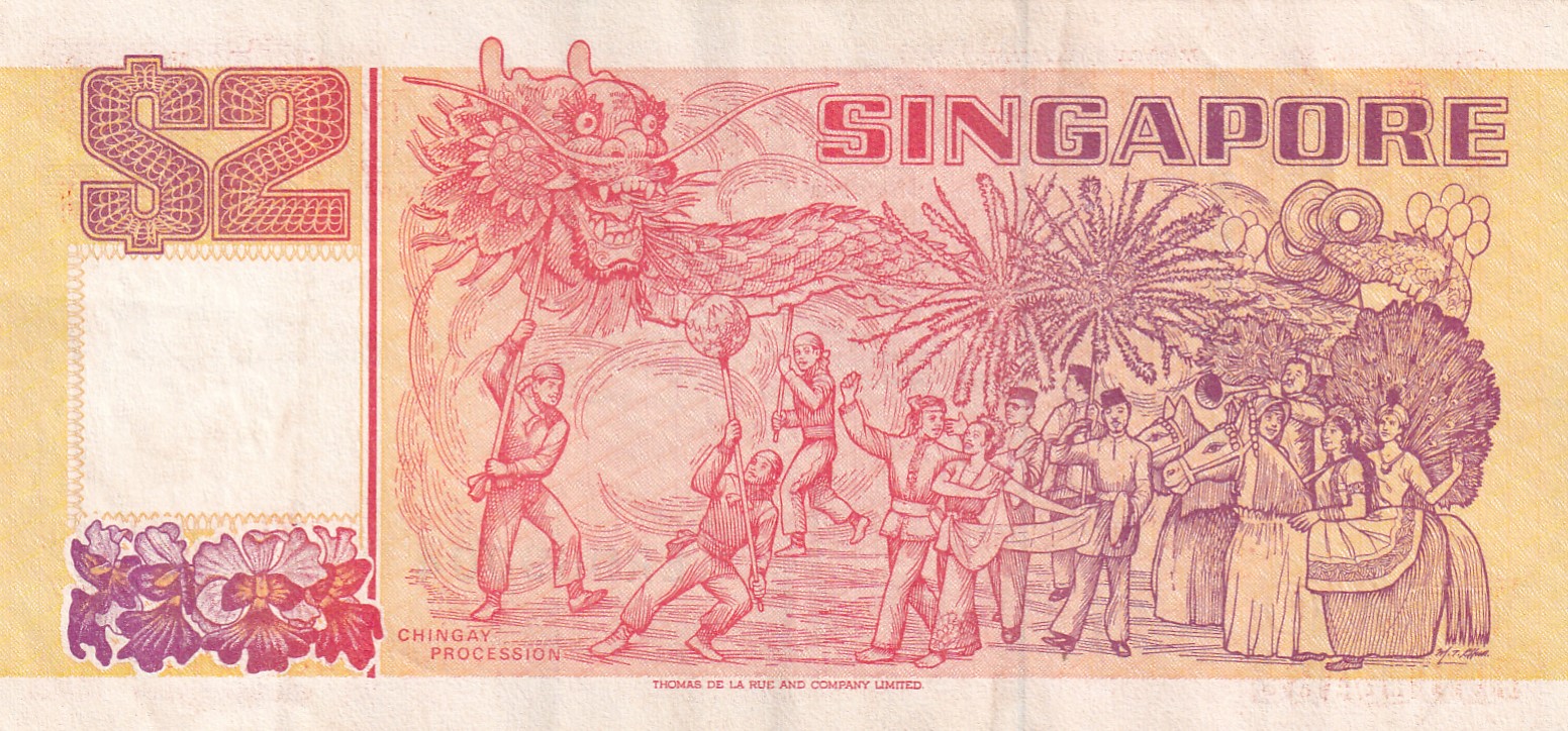 Singapore 2 Dollars orange Rare World Note #B2