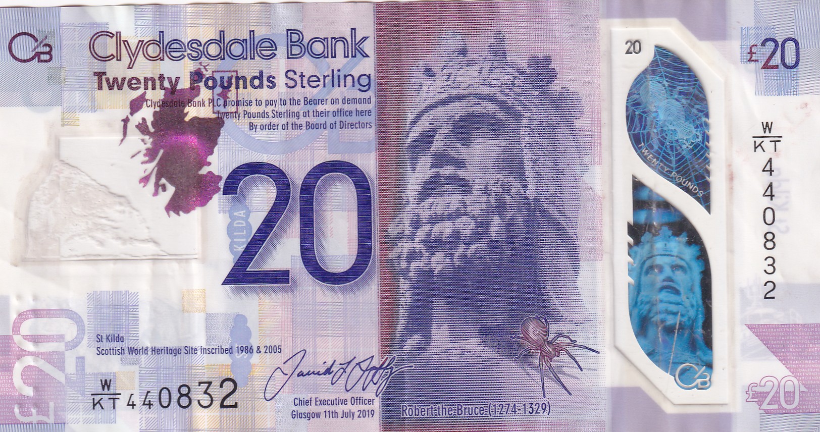 Scotland 20 Pounds (Clydesdale Bank) Rare Polymer World Note#B2